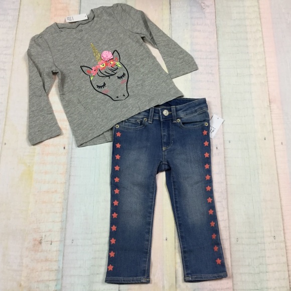 Gap Girls 18-24M or 3T Unicorn & Star Jeans Outfit - Picture 1 of 6